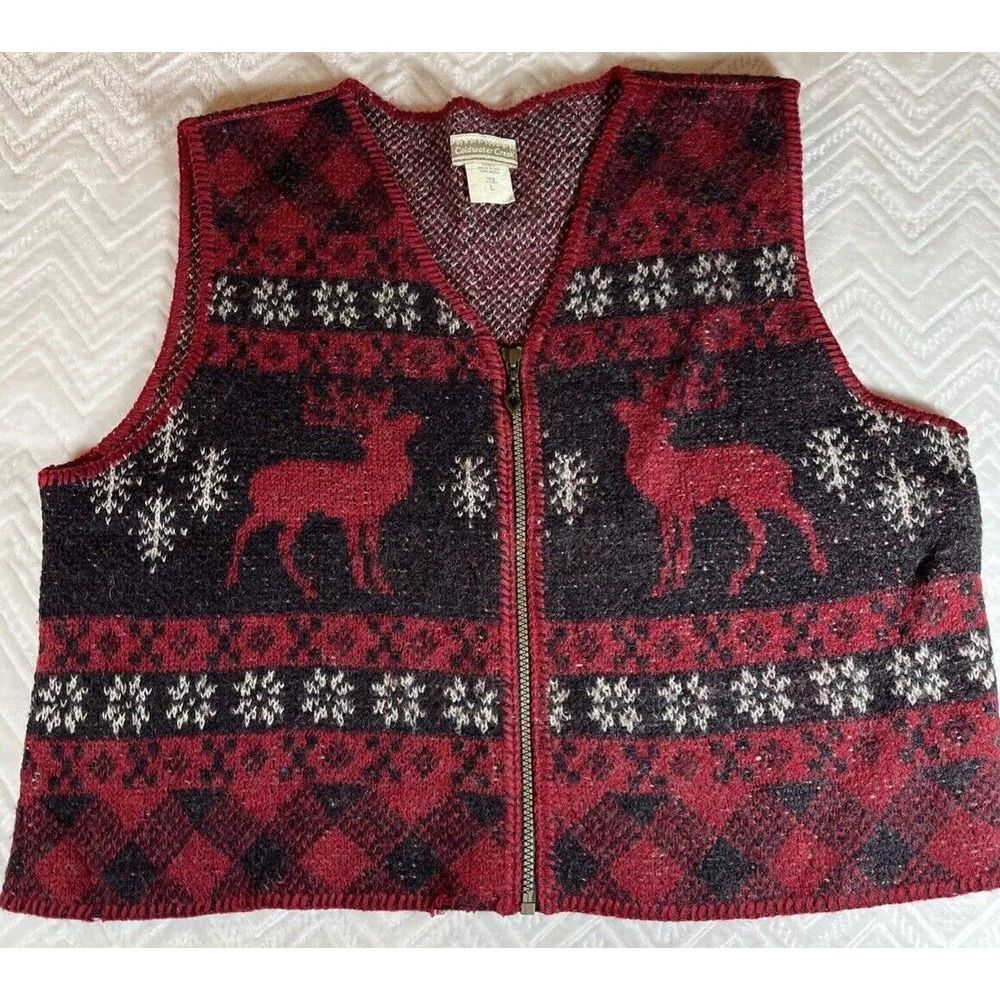 Coldwater Creek 100% Wool Sweater Women L Red Zip Christmas Fair Isle Reindeer *